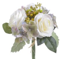 Kytice umělých růží a hortenzií s doplňky a listy dl. 28cm