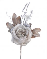 Umělá růže s krajkou na drátku s lístky a doplňky,  květ Ø 10cm/ zápich celkem 25cm