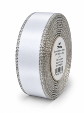 Atlasová stuha s metalickým okrajem 40 mm × 25 m – bílá/stříbrná