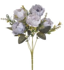Kytice umělých růžiček s doplňky a listy, květ Ø 5cm/dl. celkem 32cm