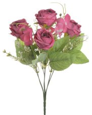 Kytice umělých růžiček s listy a doplňky, květ Ø 4,5xm/celkem dl. 30cm