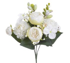Umělá kytice míchaná z 3 růží, 2 chryzantém s doplňky a listy dl.31cm