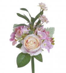 Kytice míchaná z umělých hortenzií a růží s doplňky dl. 35cm