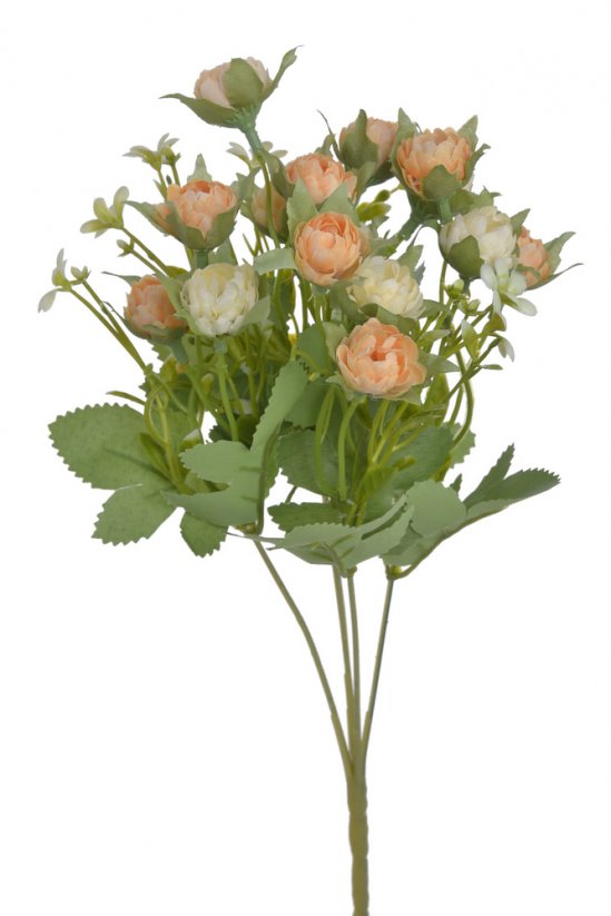 Umělá kytice mini kamélií 5 větviček s lístky a doplňky, 15 květů dl. 33cm
