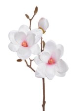 Větvička umělé magnolie s listy, 2 květy + 1 poupě, dl. 48cm