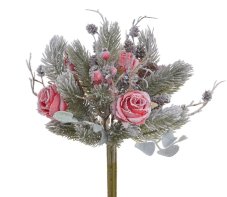 Vánoční posněžená umělá kytice s růžemi a doplňky, květ Ø 4,5cm, dl.36cm