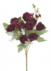 Kytice umělých růžiček s listy a doplňky, květ Ø 3,5xm/celkem dl. 30cm