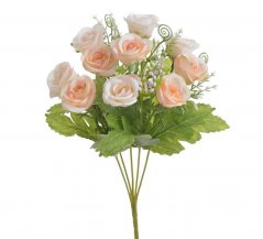 Kytice umělých růžiček s listy a doplňky, květ Ø 3,5xm/celkem dl. 27cm