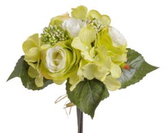 Kytice umělých hortenzií a růží s doplňky a listy dl. 30cm