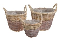 Proutěné koše na aranžování s igelitem uvnitř 19cm∅ x 16cmH, 16cm∅ x 13cmH, 12,5cm∅ x 10,5cmH - sada 3ks