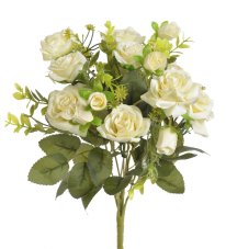 Kytice umělých růžiček s doplňky a listy, květ Ø 6cm/dl. celkem 37cm
