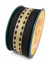 Plátěná tužená stuha černá se zlatým vzorem 40 mm × 10 m