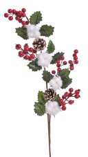 umělá větvička s bavlnou, šiškami a bobulemi, dl. 85cm