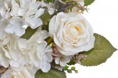Umělá kytice 3 růží, 3 hortenzií  s doplňky a listy, květ Ø 12cm, dl. celkem 53cm