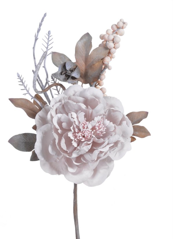 Květ umělé pivoňky s doplňky a lístky, květ Ø 9cm, zápich dl. 33cm_03