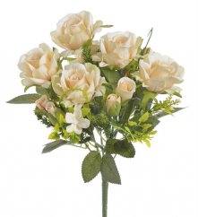 Kytice umělých růžiček - 6 květů, 6 poupat s listy a doplňky dl. 30cm