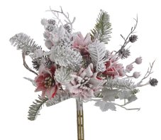 Vánoční umělá posněžená kytice s poinsettií a doplňky, květ Ø 7cm, dl.36cm