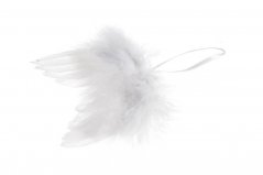 Závěsná křídla z přírodního barveného a glitrovaného peří, 14 cm - bílá