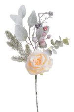 Umělá posněžená větvička s růží a doplňky,  květ Ø 8cm, dl.46cm