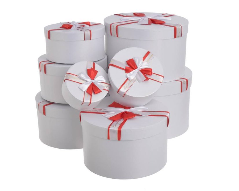 Sada kulatých dárkových krabic se stuhami 8ks - bílá