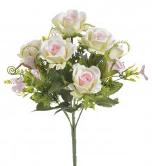 Kytice umělých růžiček - 6 květů, 6 poupat s listy a doplňky dl. 30cm