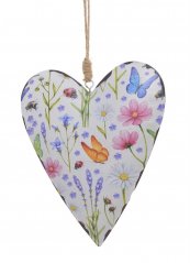Plechové barvené srdce s motivy lučních kvítků a motýlků 13cmLx2cmWx16cmH