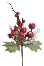 Vánoční dekorace - větvička s bobulemi, šípky, a šiškou dl. 24cm