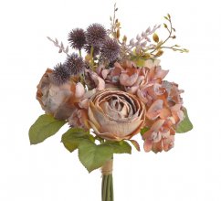 Umělá kytice mix růží, hortenzií, bodláků a doplňků dl. 38cm