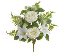 Umělá kytice 2 růží, 2 lilií s doplňky a listy, růže Ø 11cm, dl. celkem 46cm