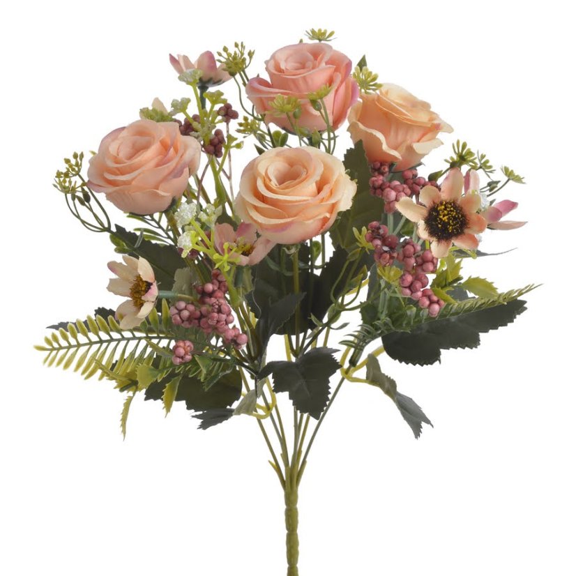 Kytice umělých růží s kvítky, růže 5 cm, dl. 30 cm