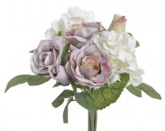 Umělá kytice 3 růže, 2 poupata růží a 2 hortenzie s listy dl. 25cm