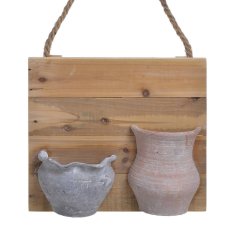 Dekorativní dřevěný rám na pověšení s keramickými nádobami na aranžování .28cmL x 8cmW x 25cmH