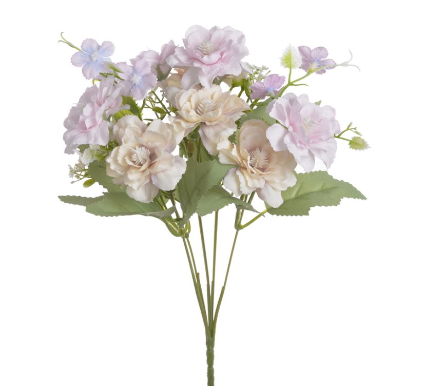 Kytička umělých mini růžiček s listy a doplňky, růžička Ø 5cm/dl. celkem 30cm