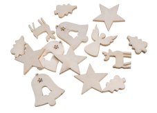 Vánoční dřevěné dekorace mix - jelen, anděl, hvězda, zvonek, strom 2,5-4,5cm - 20 ks