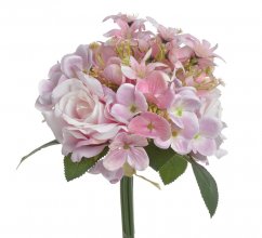 Svazek umělých růží a hortenzií s doplňky a listy, růže Ø 7cm, dl. 31cm