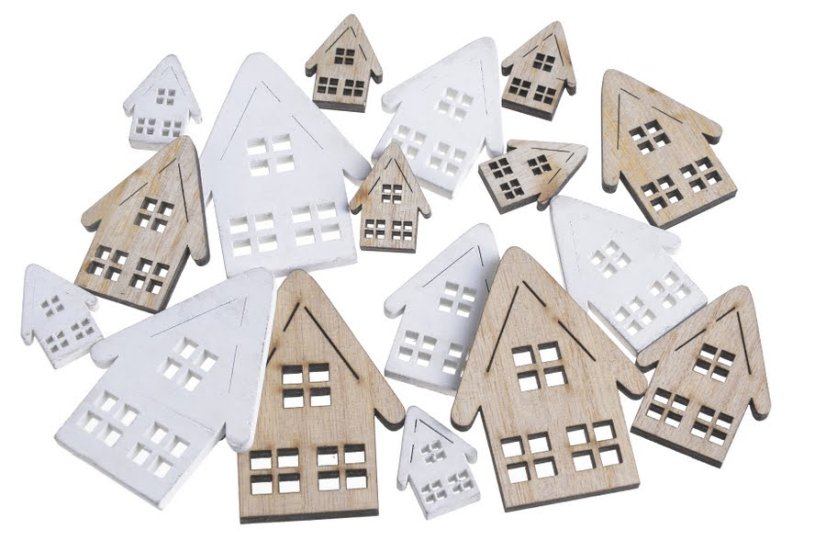 Dřevěné domky 5cmL x 0,5cmW x 7cmH, 3,7cmL x 0,4cmW x 5cmH, 2,2cmL x 0,4cmW x 3cmH  -18ks
