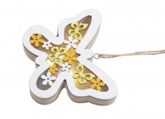 Jarní dekorace 3D motýl 14,5cm vykrojený, s motivem ptáčků a lístků s LED osvětlením - závěs