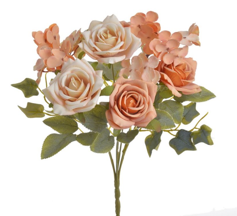 Kytice umělých rozkvetlých růží a hortenzií dl.celkem 44cm