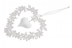 Závěsná dekorace srdce z květů + srdíčko 15 cm - bílé