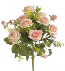 Kytice umělých růžiček s doplňky a listy, květ Ø 6cm/dl. celkem 37cm