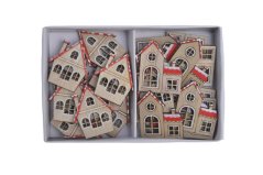 Dekorace nalepovací dřevěné domky 2 druhy 2,5-3cmLx0,2cmWx3-3,5cmH - 24ks