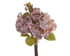 Kytice umělých růží a hortenzií s doplňky dl. 36cm