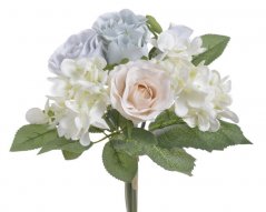 Umělá květina kytice 3 růže, 2 poupata růží a 2 hortenzie s listy, dl. 25cm