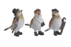 Dekorace  figurka ptáček v botách a čepici mix druhů  H12,5cm..10,5cmL-11cmWx6,5-7,5cmWx12,5cmH