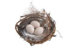 velikonoční dekorace hnízdo z proutí vystlané peřím s 3 vajíčky, Ø hnízda 7,5 cm x 1,5cmH, vajíčko 2cm