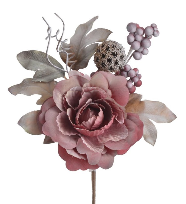 Zápich umělé růže s přízdobami, květ Ø 10cm, zápich celkem 15cm _57
