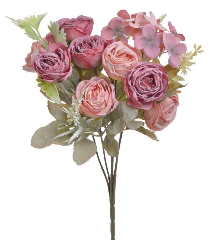 Umělá kytice 7 ranunculusů, 1 hortenzie s doplňky a listy,  květ Ø 5cm, dl. celkem 30cm