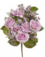 Umělá kytice 3 růží, 3 hortenzií s doplňky a listy, květ Ø 12cm, dl. celkem 53cm