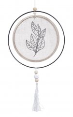 Dekorace dřevěný kruh Ø 15 cm s plátnem potištěným rostlinami v drátěném kruhu - závěs