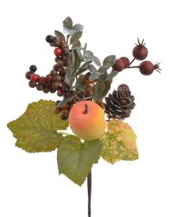 Podzimní dekorace - umělá větvička s jablíčkem, bobulemi, hlohem a listy  dl. 22cm